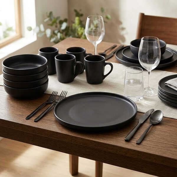 CHEFMAKER PHOENIX CERAMIC DINNERWARE SET BLACK 16PCS (4X MUGS/4 BOWLS/4X BIG PLATES/4X SMALL PLATES) | NS433234 - Image 