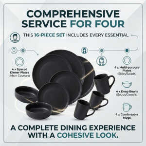 CHEFMAKER PHOENIX CERAMIC DINNERWARE SET BLACK 16PCS (4X MUGS/4 BOWLS/4X BIG PLATES/4X SMALL PLATES) | NS433234 - Image 