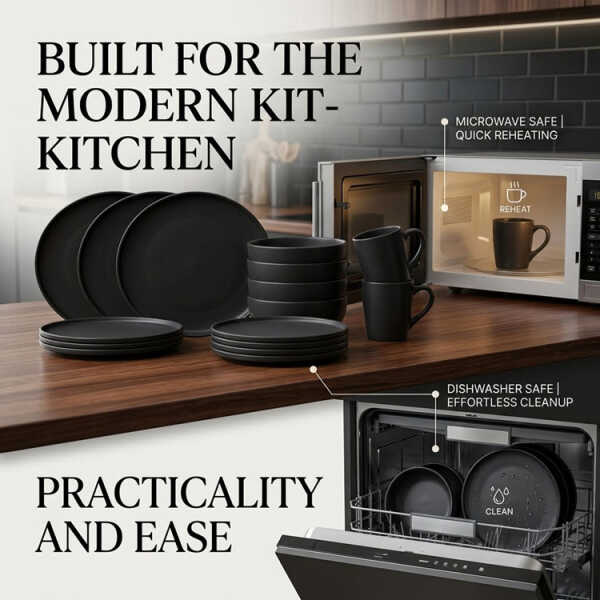 CHEFMAKER PHOENIX CERAMIC DINNERWARE SET BLACK 16PCS (4X MUGS/4 BOWLS/4X BIG PLATES/4X SMALL PLATES) | NS433234 - Image 