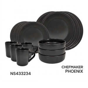 CHEFMAKER PHOENIX CERAMIC DINNERWARE SET BLACK 16PCS (4X MUGS/4 BOWLS/4X BIG PLATES/4X SMALL PLATES) | NS433234 - Image 