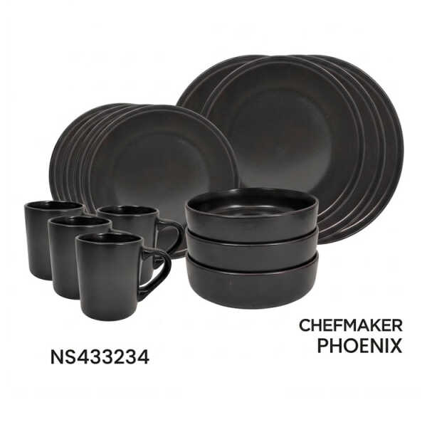 CHEFMAKER PHOENIX CERAMIC DINNERWARE SET BLACK 16PCS (4X MUGS/4 BOWLS/4X BIG PLATES/4X SMALL PLATES) | NS433234 - Image 