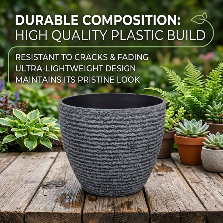 Textured charcoal planter with features and garden.