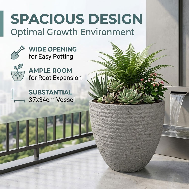 Light grey round planter with diverse plants on balcony.