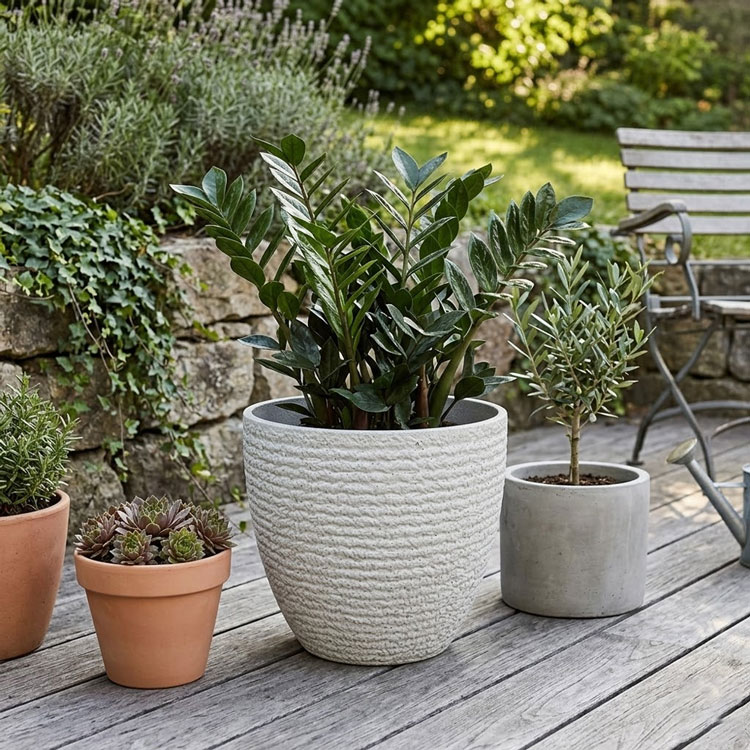Round textured charcoal pot with diverse green plants.