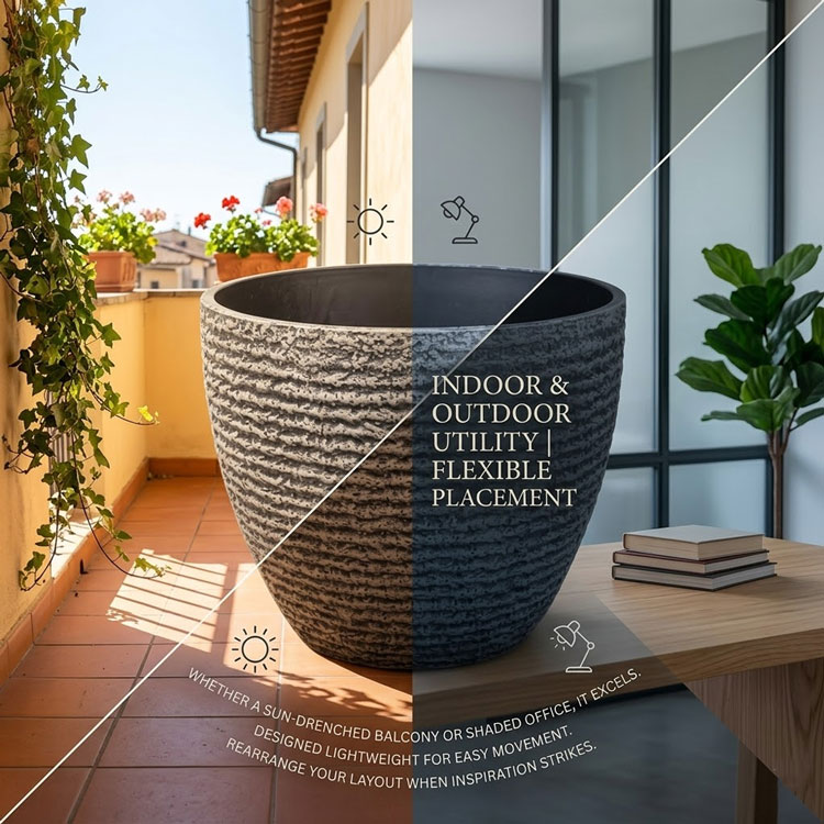 Textured stone-look planter split-view for indoor and outdoor use.