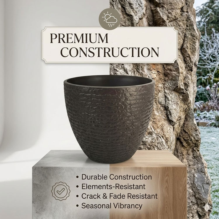 Black modern outdoor planter on a split concrete and wood base.