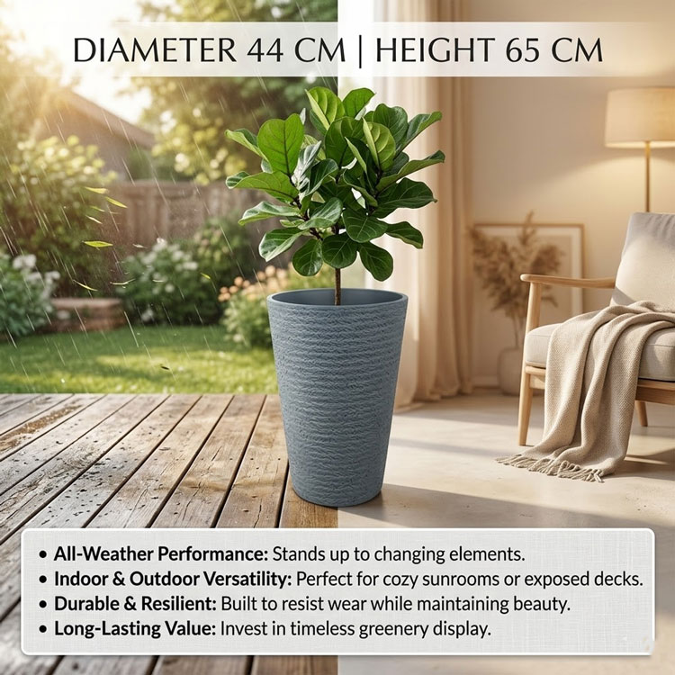 Grey textured plastic planter for indoor outdoor all-weather use