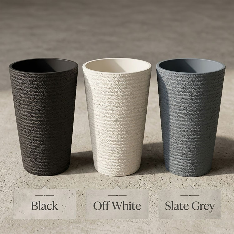 Modern textured plastic planters in black off-white slate grey