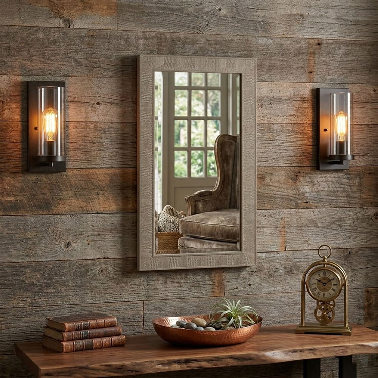 Vertical rectangular mirror on rustic wood paneled wall.