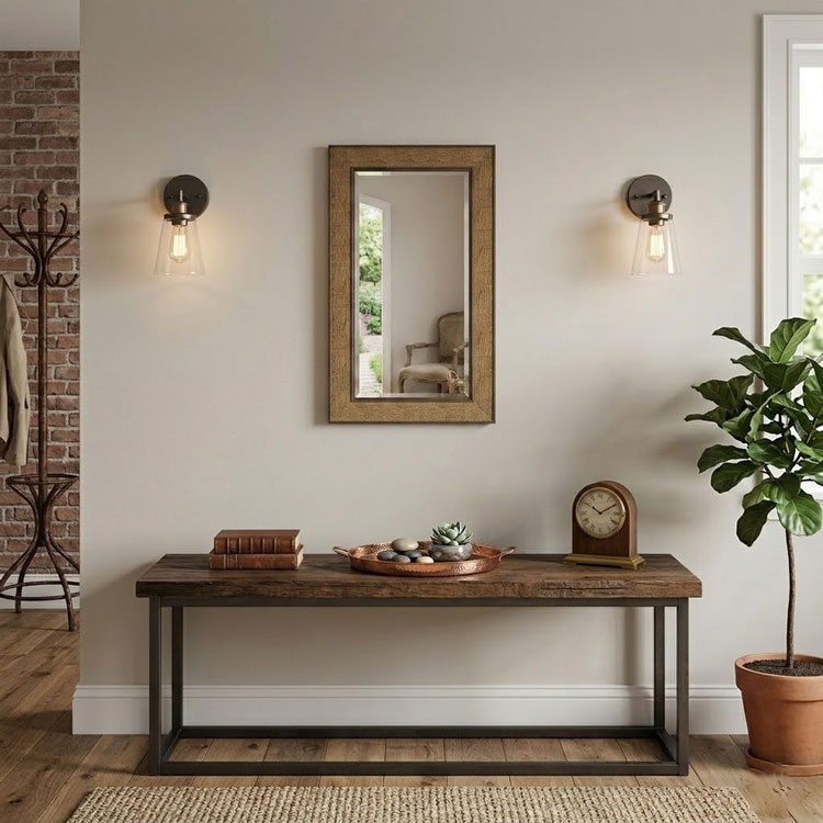 Brown rectangular wall mirror between two bronze sconces.