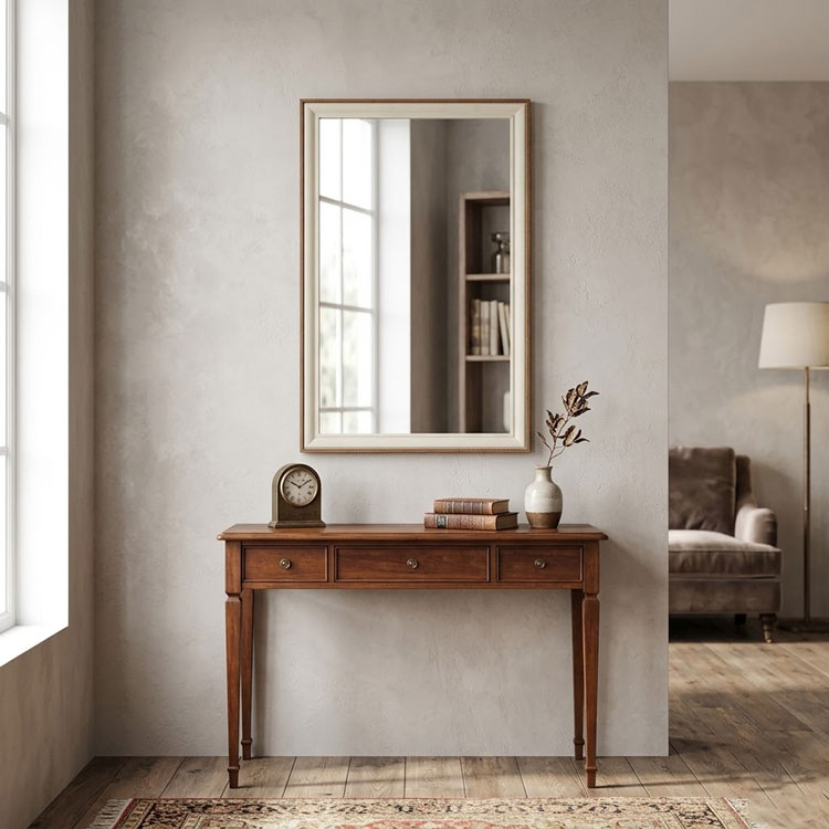 Dual-tone rectangular mirror over a dark wood console table.