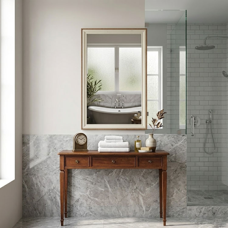 Wood and cream framed mirror on a marble bathroom wall.