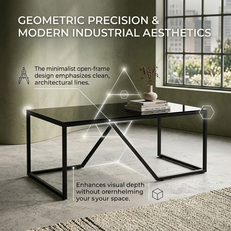 Modern industrial glass coffee table with geometric frame.