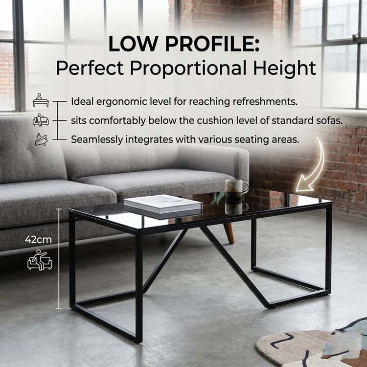 Low profile glass coffee table near sofa.
