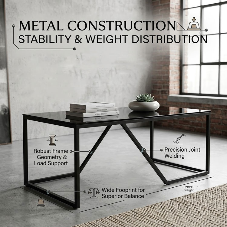 Sturdy black metal frame glass coffee table.