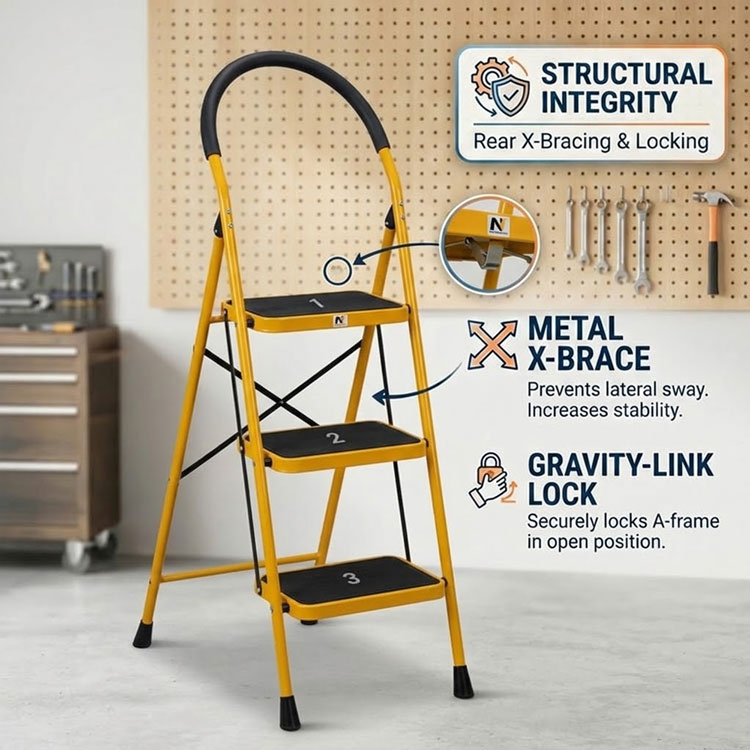 Rear X-brace and gravity-link locking mechanism diagram.