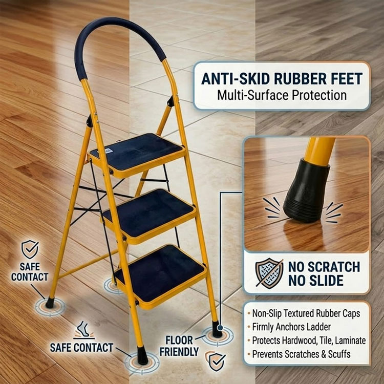 Anti-skid rubber feet on hardwood flooring.