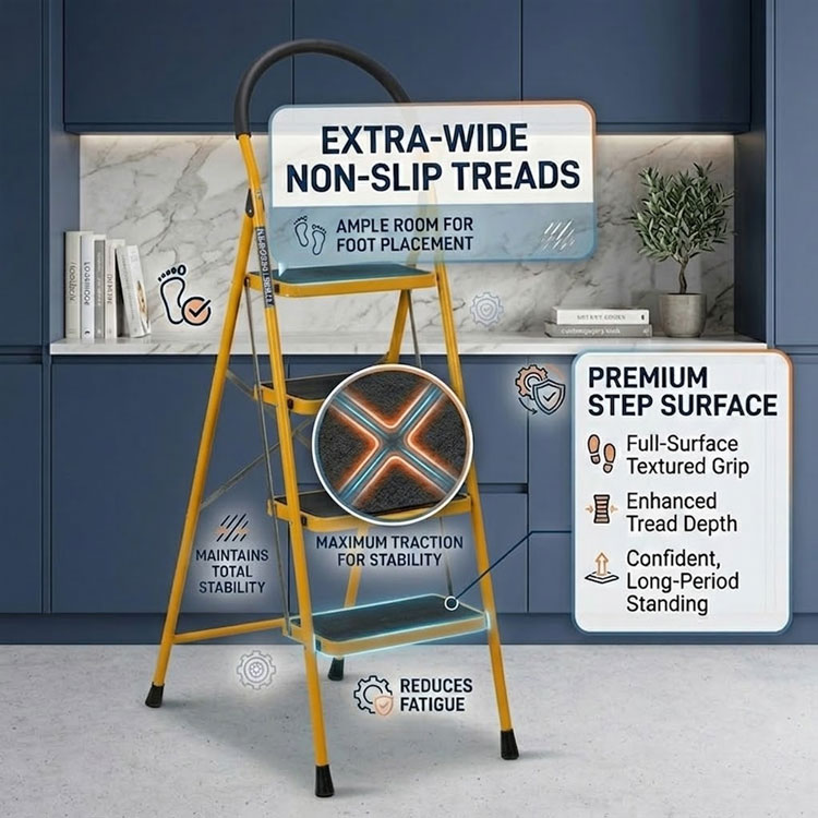Extra-wide non-slip ladder treads with textured grip.