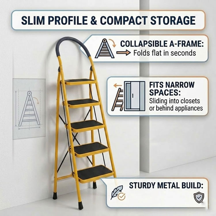 Folded yellow step ladder in a slim profile.