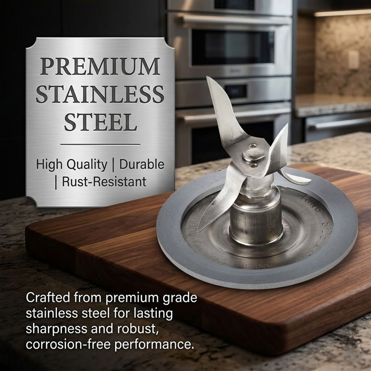 Rust-resistant stainless steel blender blade on wooden board.