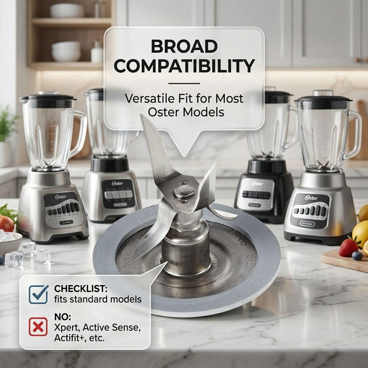 Compatibility guide for Oster blender replacement parts.