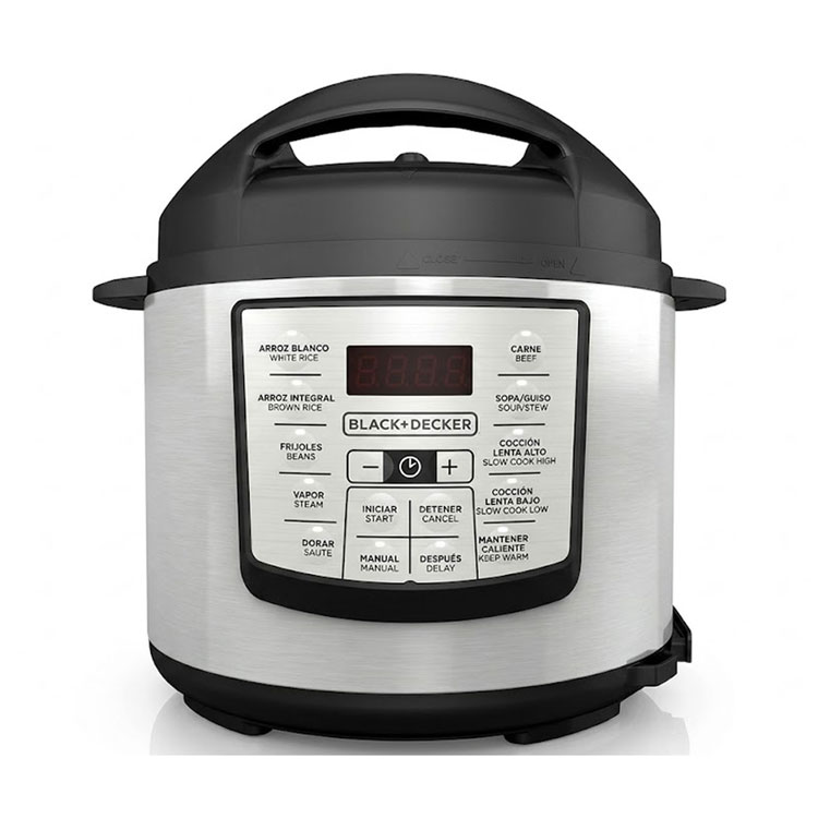 Silver BLACK+DECKER 6-quart electric pressure cooker front view.
