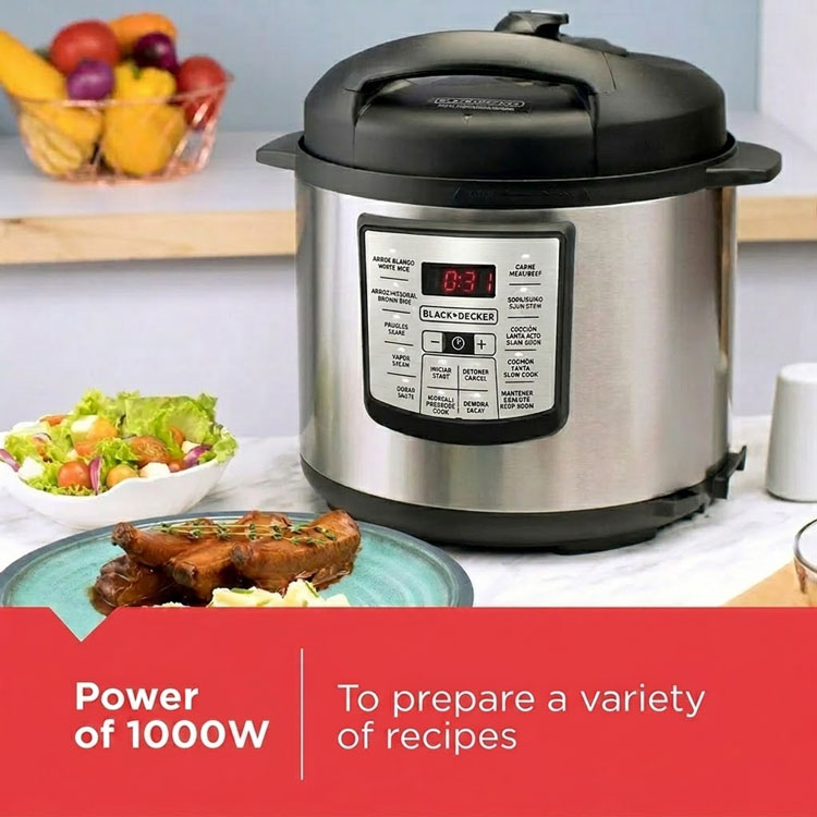 1000W electric pressure cooker for fast recipe preparation.