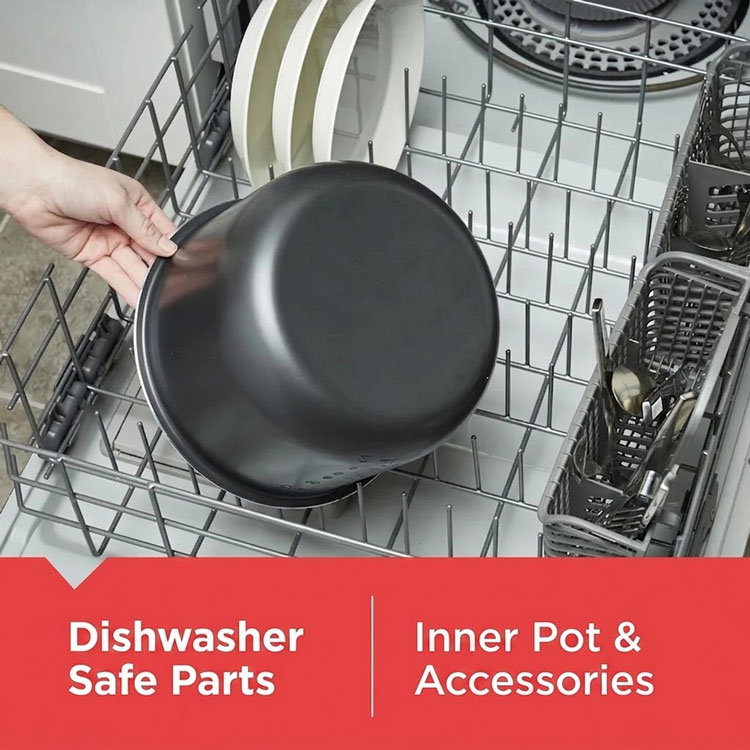 Dishwasher safe inner pot and pressure cooker accessories.