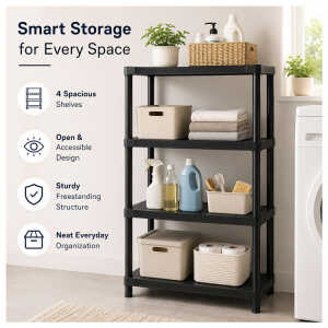 4 TIER BLACK SHELVING UNIT STORAGE ORGANIZER | PTR-08 - Image 