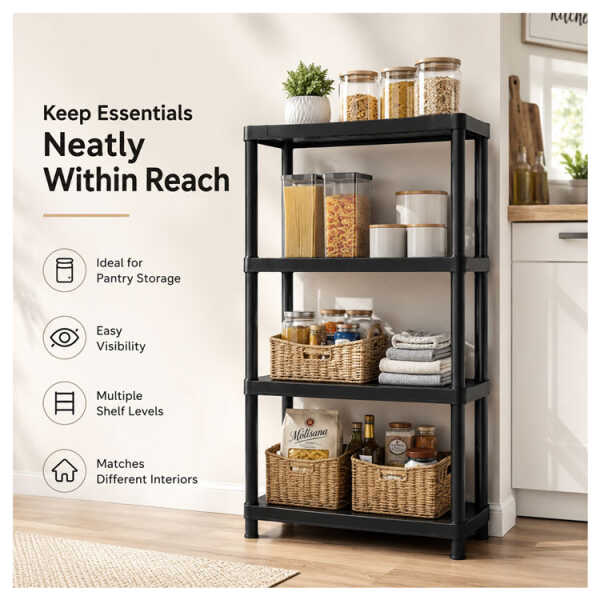 4 TIER BLACK SHELVING UNIT STORAGE ORGANIZER | PTR-08 - Image 