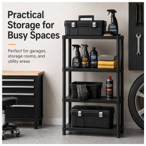 4 TIER BLACK SHELVING UNIT STORAGE ORGANIZER | PTR-08 - Image 