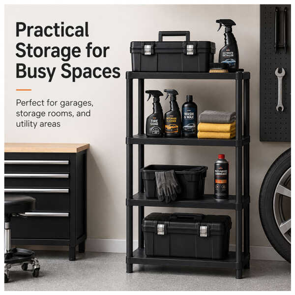 4 TIER BLACK SHELVING UNIT STORAGE ORGANIZER | PTR-08 - Image 