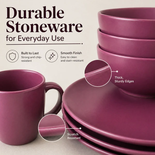 STONEWARE DINNERWARE 16PCS SET BURGUNDY | ST-5619 - Image 