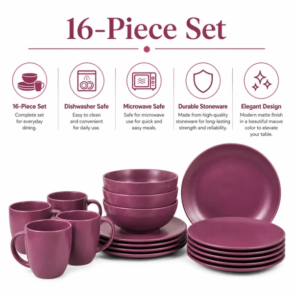 STONEWARE DINNERWARE 16PCS SET BURGUNDY | ST-5619 - Image 