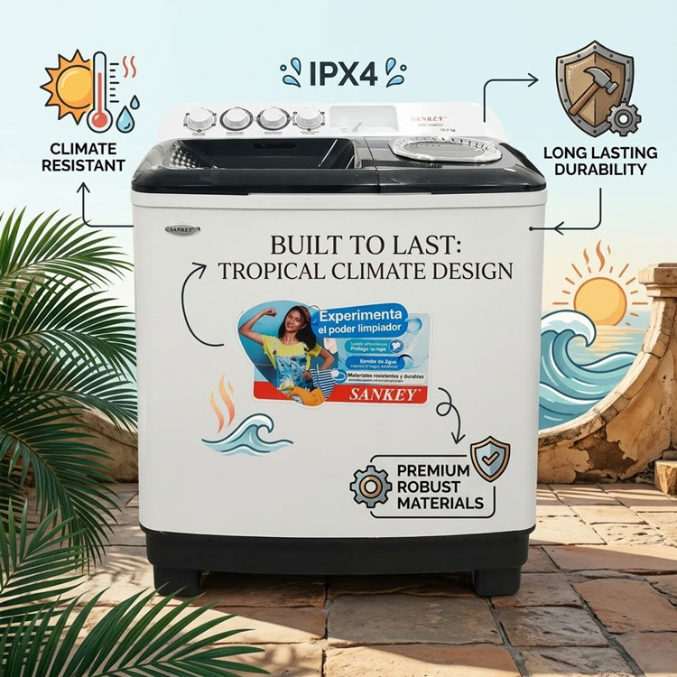 Climate resistant twin tub washer with IPX4 rating