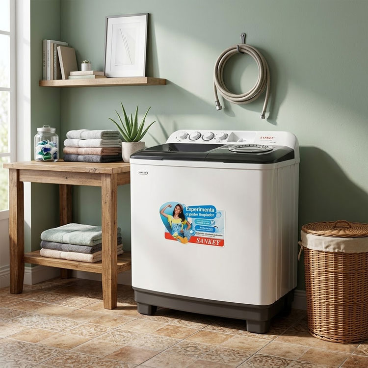 White SANKEY twin tub washer in modern laundry room