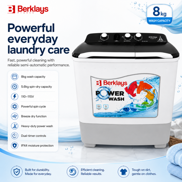 BERKLAYS 8KG SEMI-AUTOMATIC WASHING MACHINE 110-115V WHITE | BTWIN086.16 - Image 