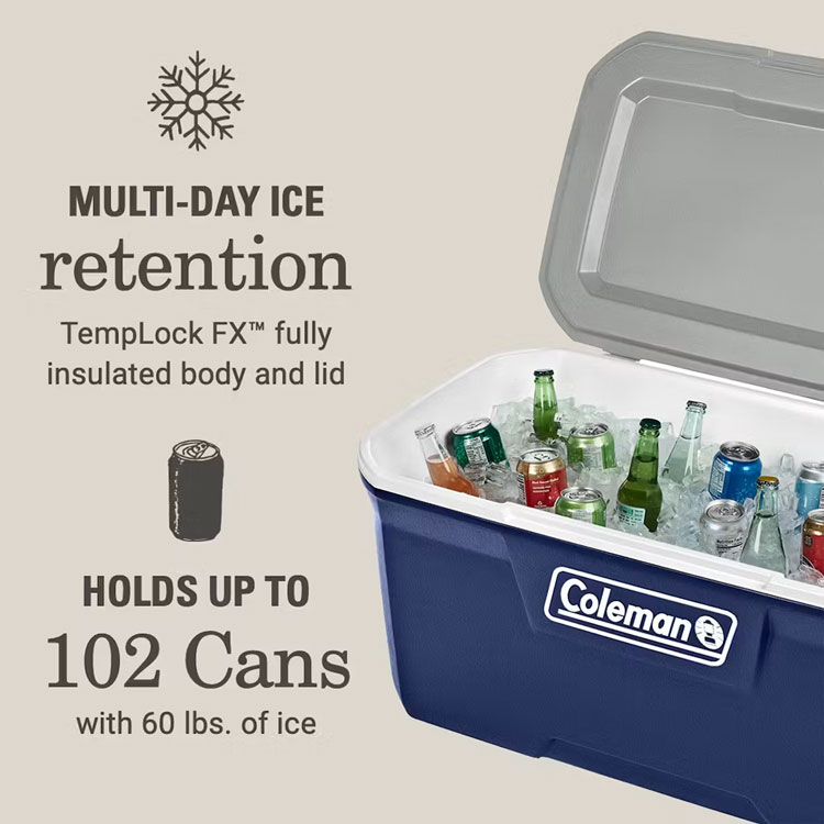 Coleman 120QT cooler filled with iced drinks