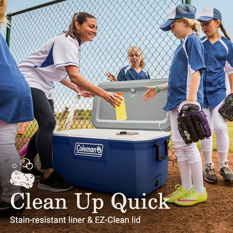 Coach reaching into open blue large chest cooler