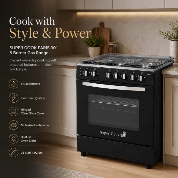 SUPER COOK PARIS 30" 6 BURNER GASRANGE W/ELECTRIC IGNITION BLACK | CNT-PARIS/BLACK - Image 