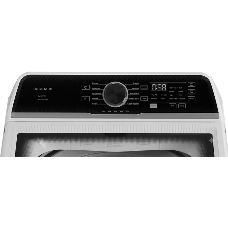 Close-up of Frigidaire top load washer control panel.