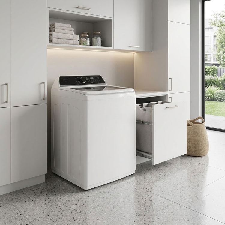 Modern white modern laundry room.