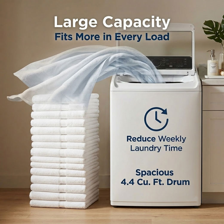 Stack of white towels next to a Frigidaire washing machine.