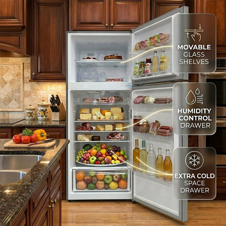 Inside Frigidaire 425L silver kitchen refrigerator