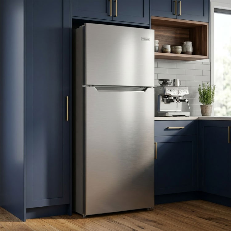 Blue cabinet kitchen with silver top-mount refrigerator.