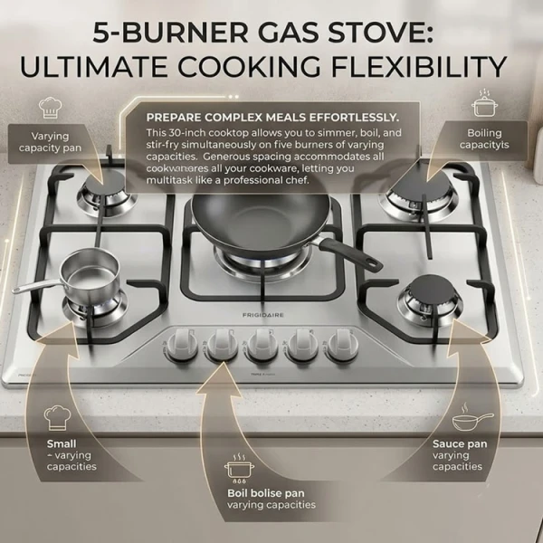 FRIGIDAIRE 30" 5 BURNER BUILT-IN GAS COOKTOP W/ ELECTRIC IGNITION + THERMOCOUPLE STAINLESS STEEL SILVER | FTGC3050XS - Image 