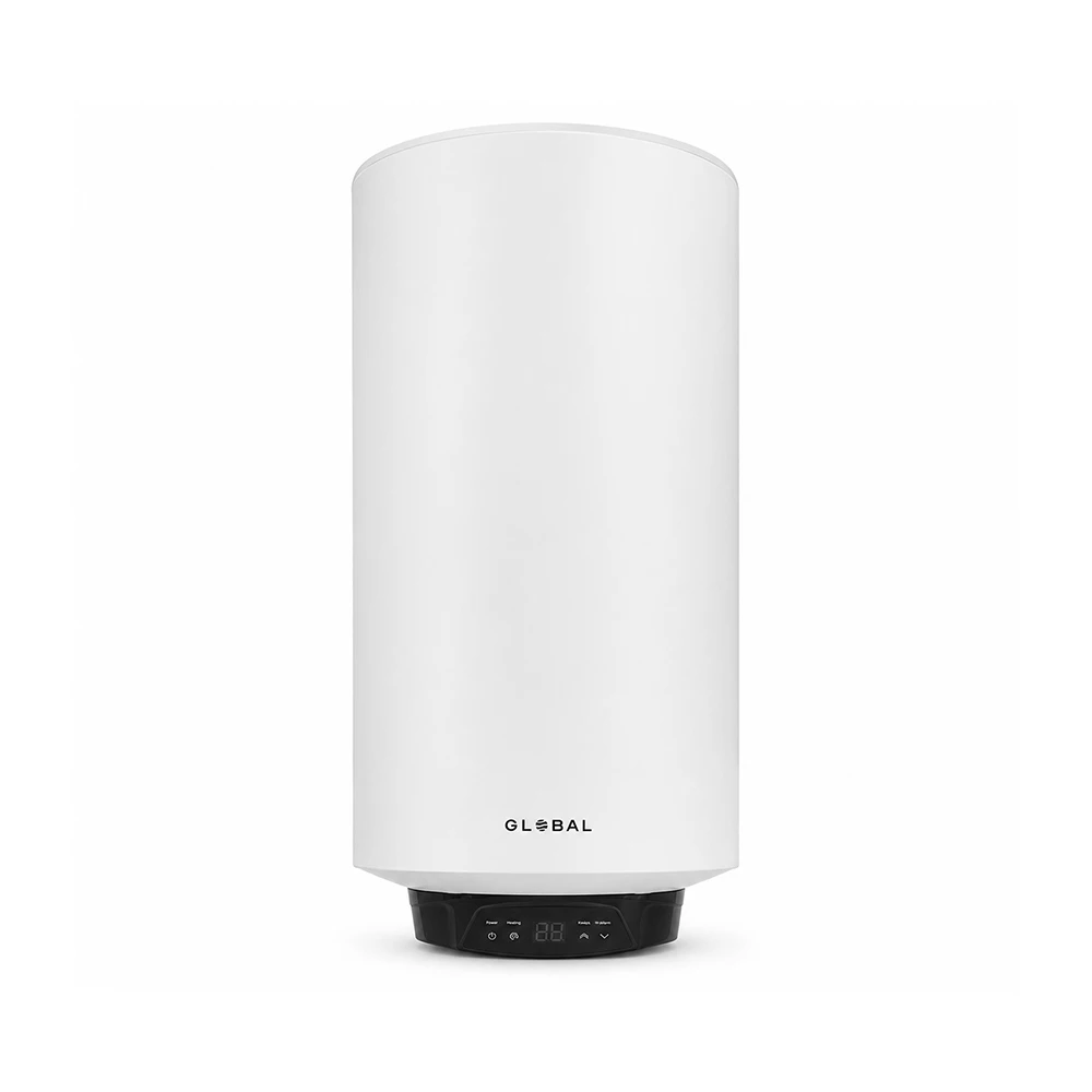 Global 50L digital electric water heater in white.