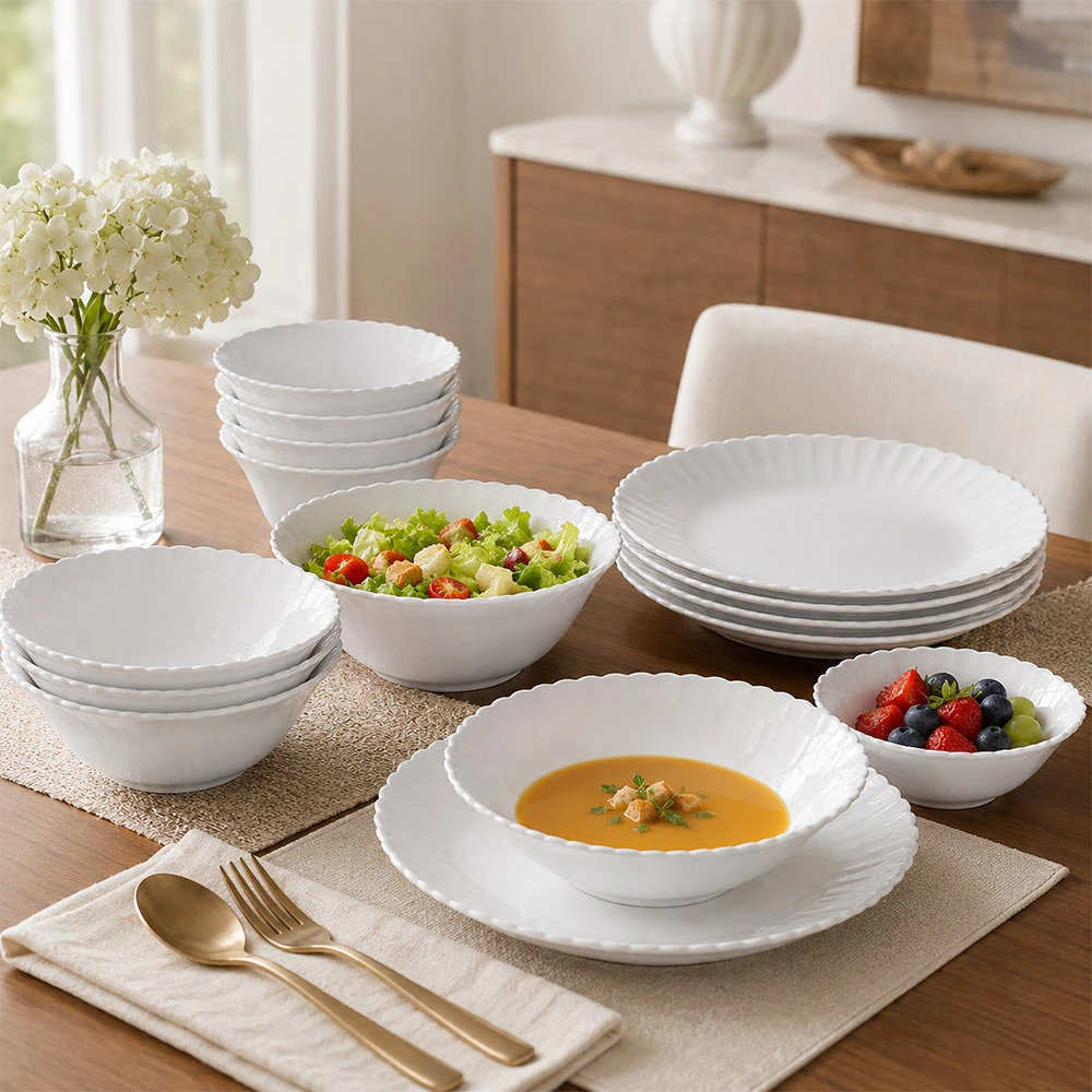 Complete white dinnerware set for family meals and daily use