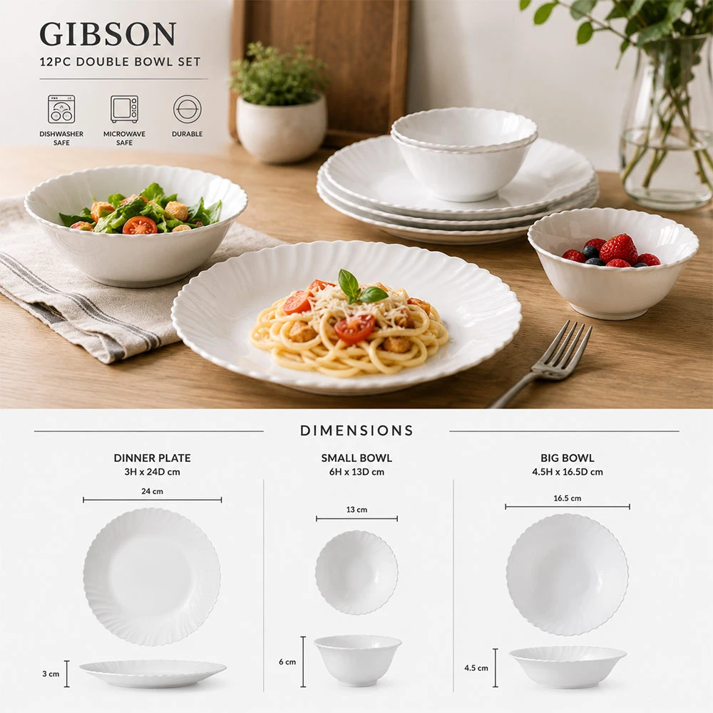 Stylish white ceramic-style dinnerware set with plates and bowls