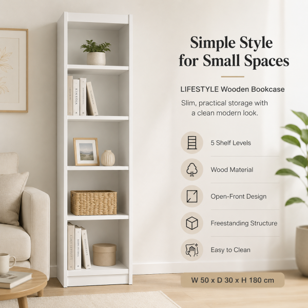 LIFESTYLE WOODEN BOOKCASE W/ 5 SHELVES W50XD30XH180 WHITE | LS-BOOK50X180 - Image 